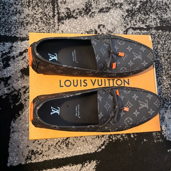 Louis Vuitton Men's Monogram Gray and Orange Loafers - Picture 1 of 5